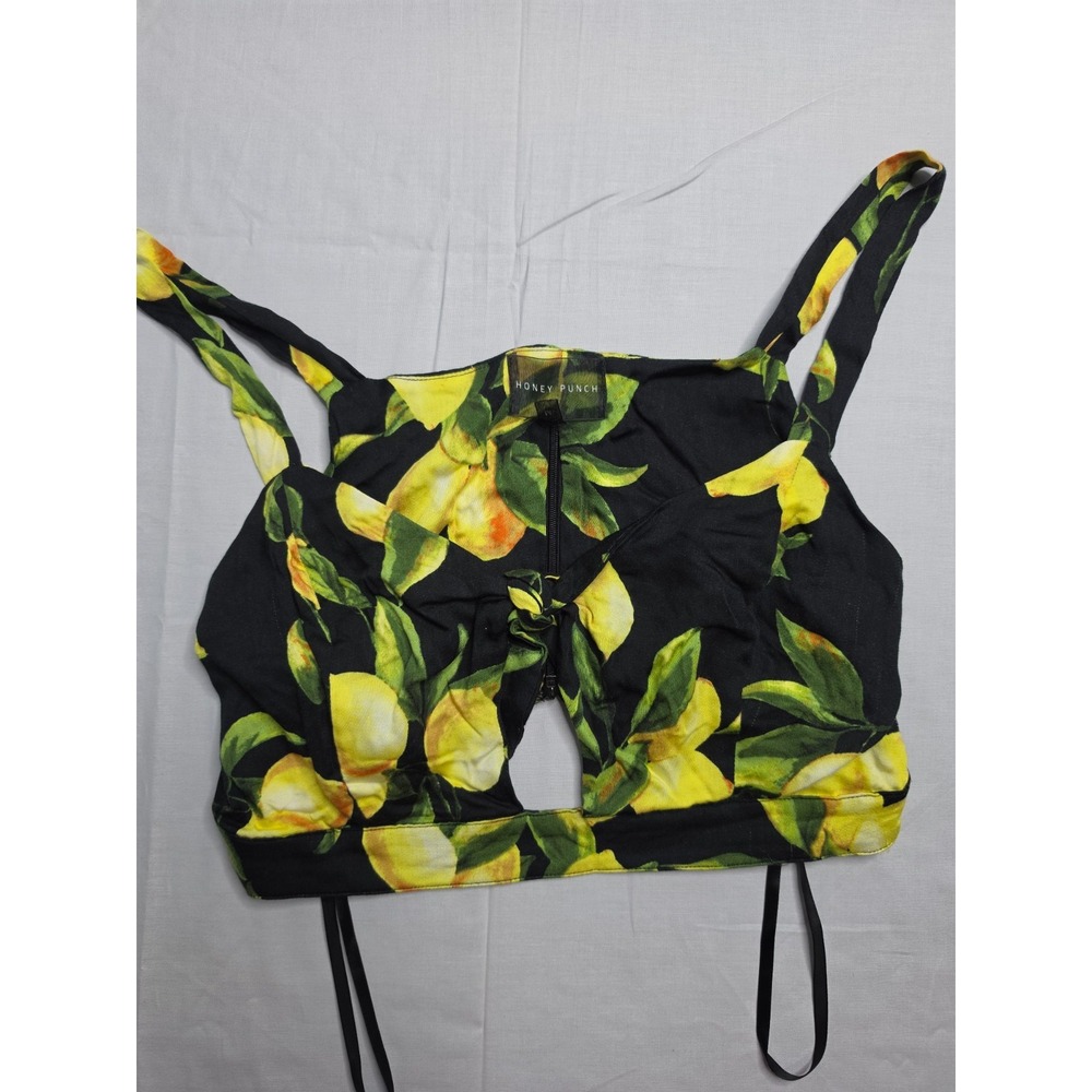 Honey Punch Crop Top Women's Medium Black Lemon Print Rayon Tie Front Back Zip